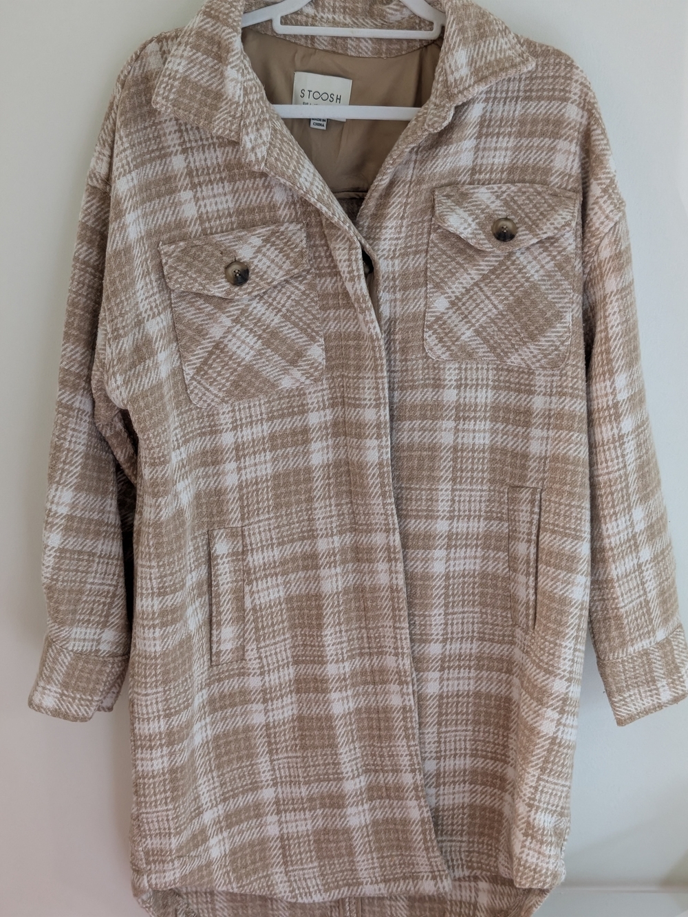 Stoosh Beige and White Plaid Shacket Coat